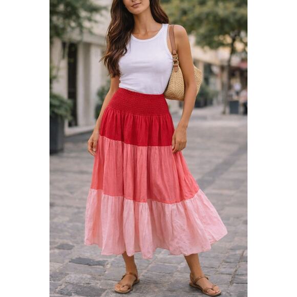 Oliphant Dresses & Skirts - Oliphant Tiered Boho Maxi Skirt Pink Red Smocked Waist Size S